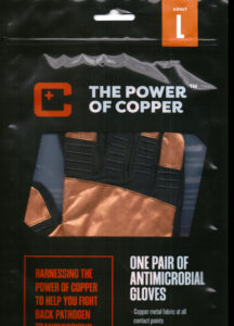 L-front of package of copper glove